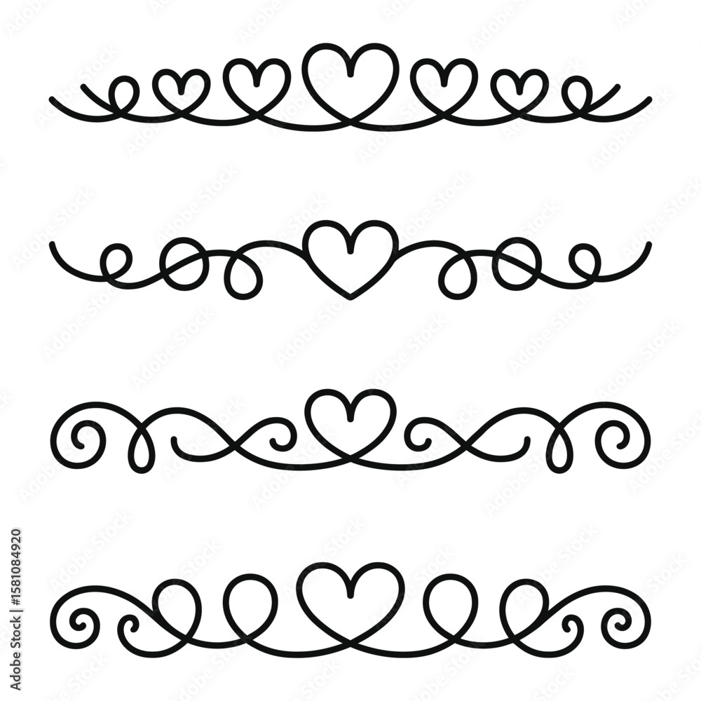 Filigree curly Calligraphic Heart, Fancy Line Flourishes Swirls hearts, curve romantic love separator, Valentines Day divider flourish Swirl, Calligraphy Flourish lettering header hearts scroll