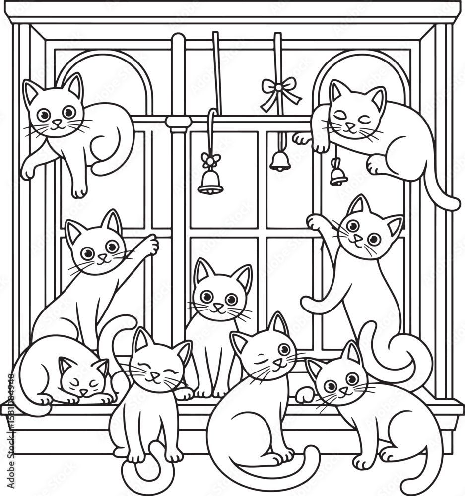 Fototapeta premium Many playful cats resting and playing on a windowsill kittens