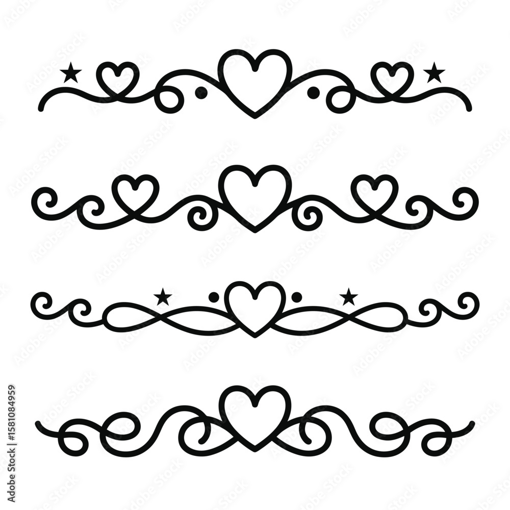 Obraz premium Filigree curly Calligraphic Heart, Fancy Line Flourishes Swirls hearts, curve romantic love separator, Valentines Day divider flourish Swirl, Calligraphy Flourish lettering header hearts scroll