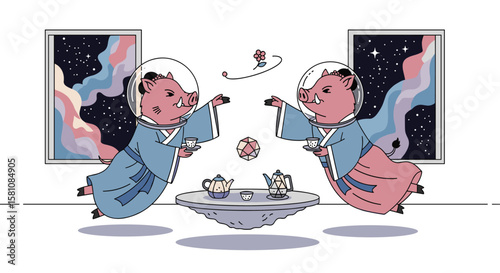 Pigs Enjoying A Tea Party In Space While Floating Among The Stars