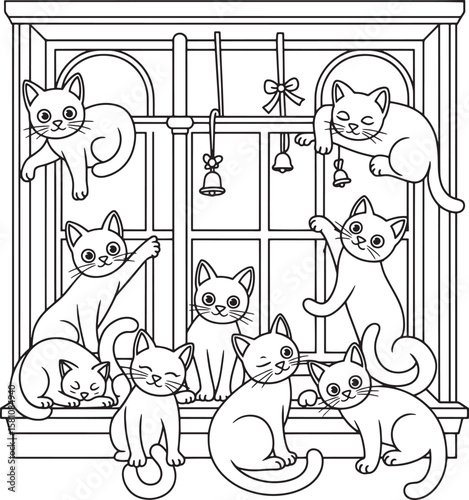 Many playful cats resting and playing on a windowsill kittens