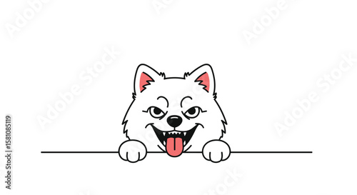 Cute Fluffy White Dog Peeking Over a Line with Happy Face and Tongue Out Adorable Pet Portrait Illustration