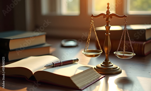Classic Law Office Setting with Scales of Justice and Legal Literature