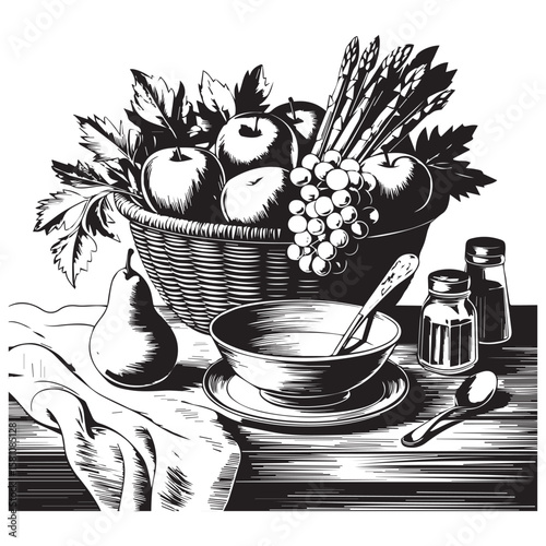 Black and white illustration of a woven basket filled with apples grapes and asparagus next to a pear and a bowl of soup