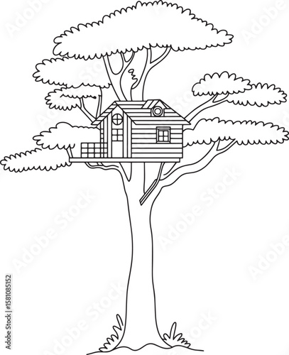 Rustic wooden treehouse nestled within leafy branches structure