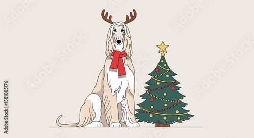 A Festive Afghan Hound with Antlers and a Red Scarf Poses Beside a Decorated Christmas Tree