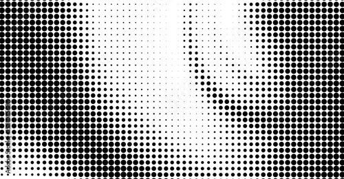 Black dots form a textured pattern on a stark white canvas, creating a gradient effect that shifts from concentrated clusters to sparse arrangements that are visually captivating