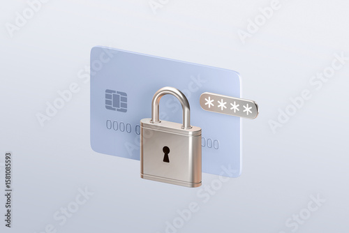 Fotografie 3D rendered credit card icon with a secure padlock and password protection symbol isolated on white background