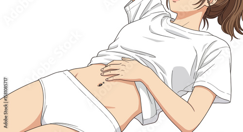 Young woman relaxes lying down in white casual clothing on pink background