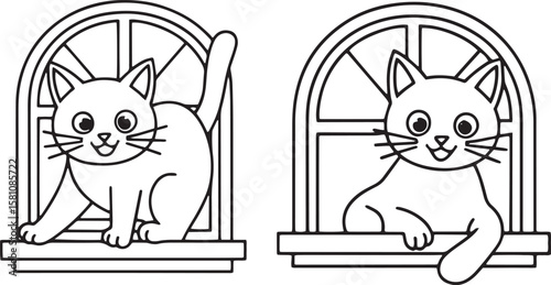 Two cats peeking out of windows feline animal