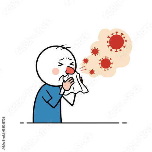 Sick Person Cartoon with Coronavirus Virus Spreading
