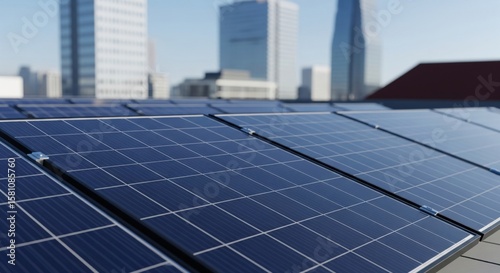Close-up of blue rooftop solar panels on non-residential building with tall buildings in background