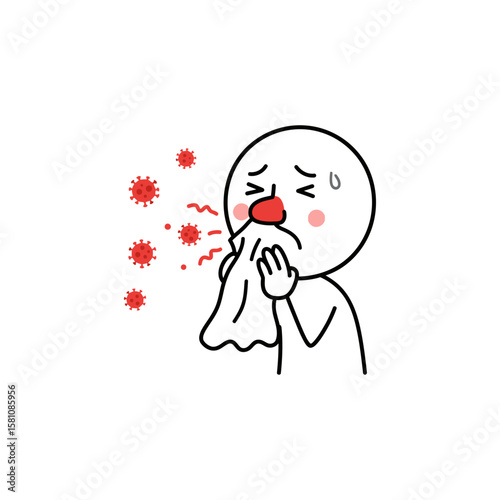 Sick Stick Figure Blowing Nose - Viral Infection Illustration