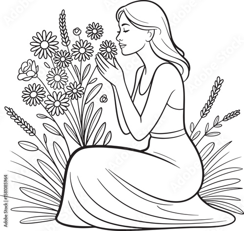 Woman smelling flowers in a field nature