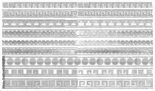Greek ornament. Vector set of 9 Greek style geometric seamless frames isolated on white background Hand drawn effect