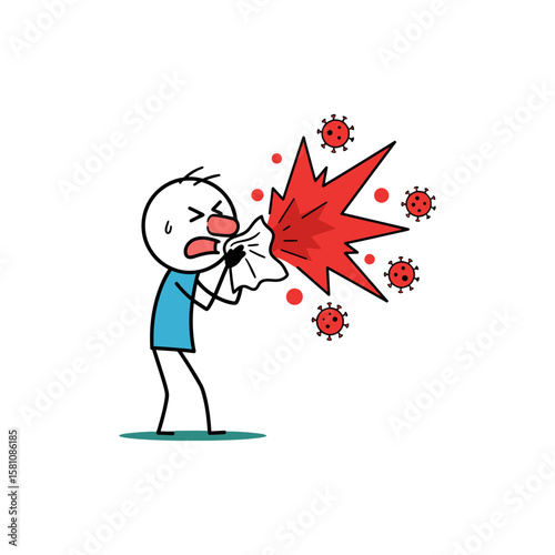 Sick Stick Figure Sneezing Virus Germs Health Cartoon Illustration