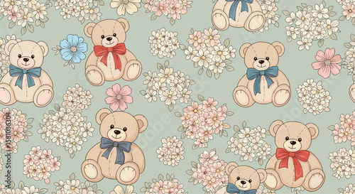 Charming Teddy Bear Pattern With Delicate Floral Accents Perfect For Crafts And Decor