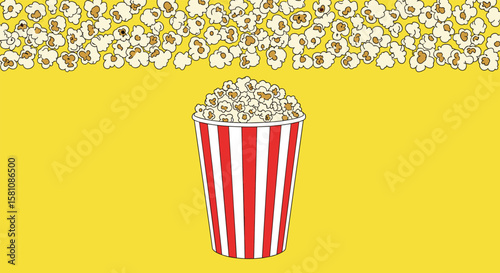Abundant Popcorn Overflowing From a Classic Red White Striped Bucket Against a Bright Yellow Background