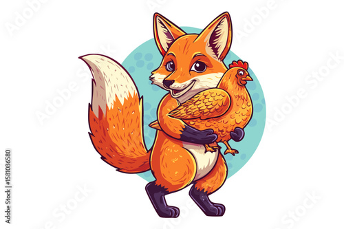 Red fox (Vulpes vulpes) Red fox walking with a hen with puffy tail, Cute cunning forest animal, An illustration of a red fox with a white chest and tail sitting against a white background