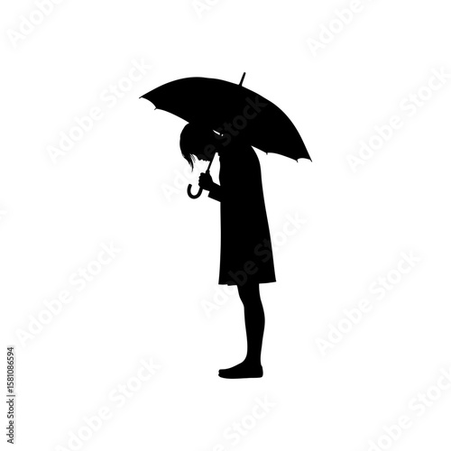 Silhouette of Sad Girl with Umbrella in the Rain Illustration