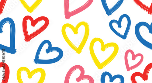 Whimsical Hand Drawn Hearts Pattern Featuring Bright Primary Colors Perfect for Celebratory Designs