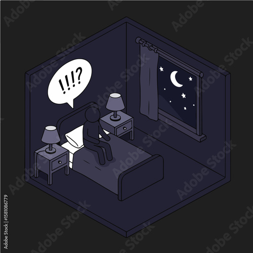 Sleepless Night Cartoon Person Awake in Bed