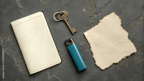 Set of urban micro-essentials—notebook, antique key, teal lighter and aged paper fragment—arranged on dark concrete in subdued tones