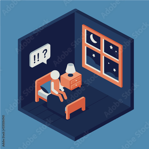 Sleepless Night Worried Cartoon Character in Dark Room