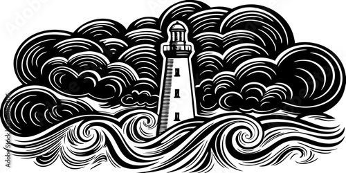 Abstract floral patterns blend with a black and white architectural lighthouse on an island under a cloudy sky