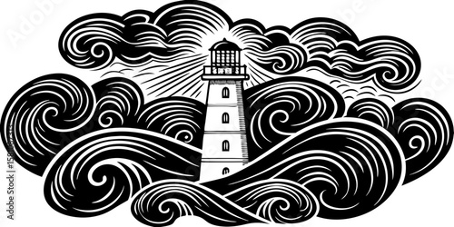 Abstract grunge background with floral elements and a nautical lighthouse beacon by the sea