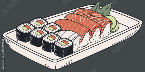 Fresh salmon sushi rolls and sashimi with wasabi on a white plate, ready for a healthy Japanese meal