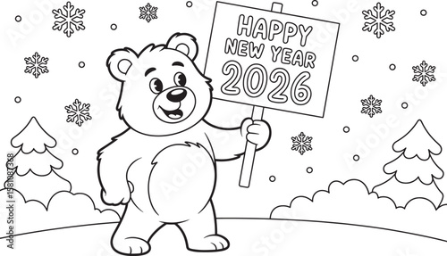 Bear Holding Happy New Year 2026 Sign with Snowflakes and Trees