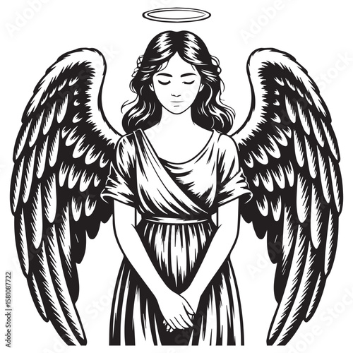 Serene angel with closed eyes and folded hands wearing a toga and displaying large feathered wings with a halo