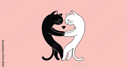 Two Whimsical Cats Embrace Forming a Heart Shape with a Small Heart Between Them