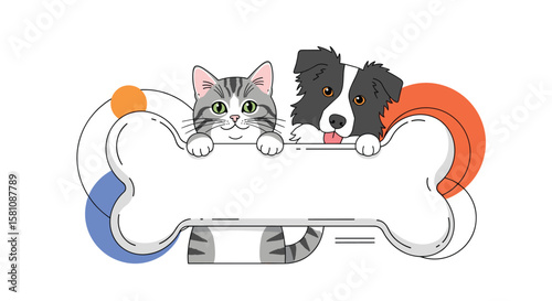 Adorable Cat and Dog Friends Holding a Blank Bone Frame for Your Pet Photos