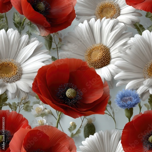 Floral arrangement of red poppies, white daisies, and blue gerberas in a detailed, fantasy-style oil painting SEAMLESS PATTERN