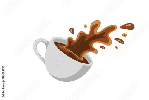 Coffee splash from a tilted white mug, A white coffee cup is tilted, with a dynamic splash of brown liquid erupting outwards against a white background.
