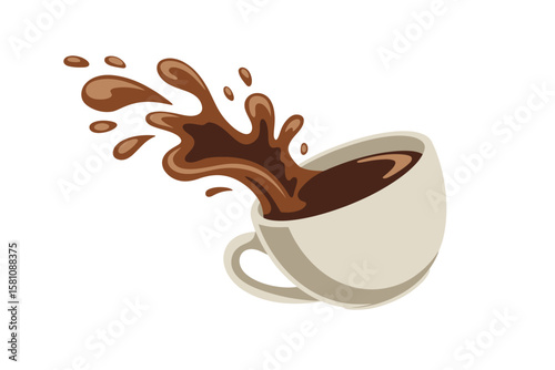 Coffee splash from tilted cup, A stylized illustration of dark coffee splashing out of a tilted white cup against a white background.