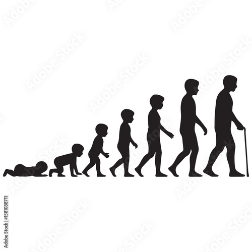Human life cycle progression from infancy crawling to old age walking with a cane depicted as black silhouettes