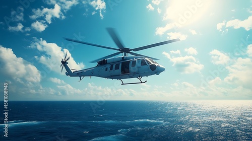 Hovering over the ocean, a navy helicopter stands ready to deploy for a high-priority maritime rescue operation.

