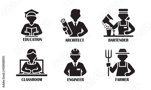 Black silhouettes of professions including education architect bartender engineer farmer and