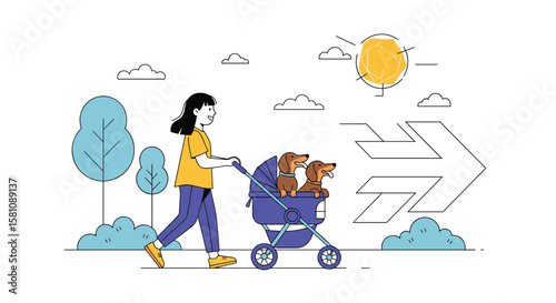 Woman Pushing Dog Stroller Through Park on Sunny Day with Trees and Clouds in Background