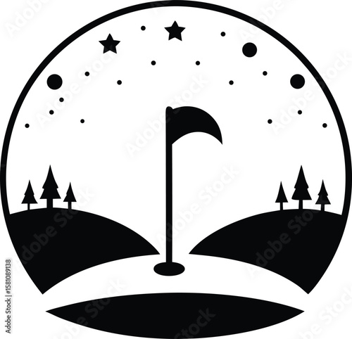 Golf course at night silhouette logo. Black and white vector icon of a golf green with flag, trees, and starry sky.
