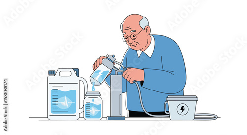 Elderly man carefully measures liquid into a laboratory device with a power source nearby
