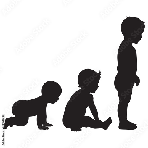 Silhouettes of a baby crawling sitting and standing representing stages of early childhood development and growth