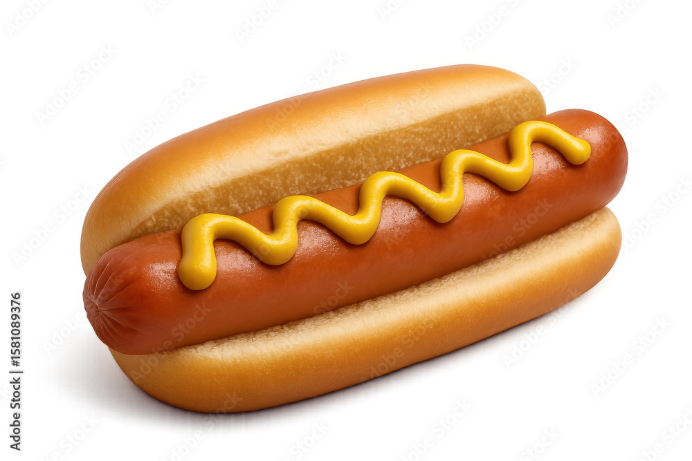 Mustard-covered hot dog resting in soft bun, positioned against transparent backdrop, showcasing classic street food flavor Mustard-covered hot dog resting in soft bun, positioned against transparent backdrop, showcasing classic street food flavor