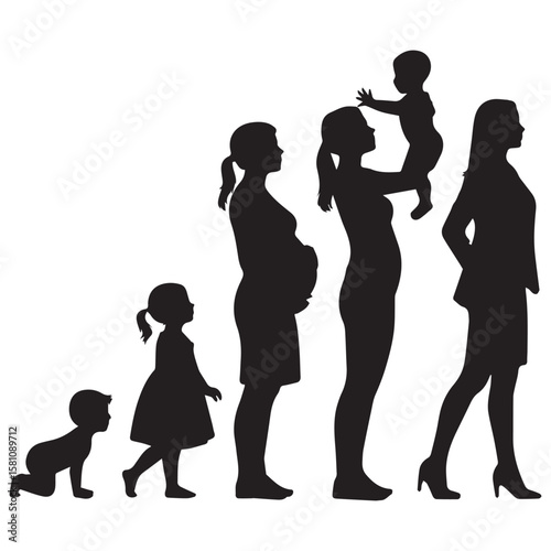 Silhouette progression of a woman from babyhood through childhood pregnancy motherhood and adulthood