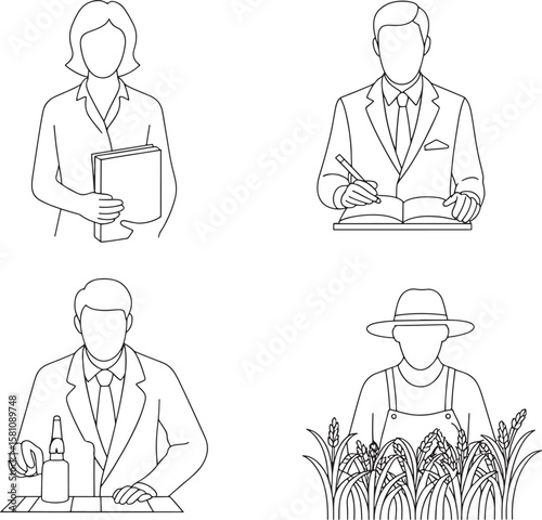 Outlined Professions: Businesswoman, Businessman, Doctor, and Farmer Vector Illustration
