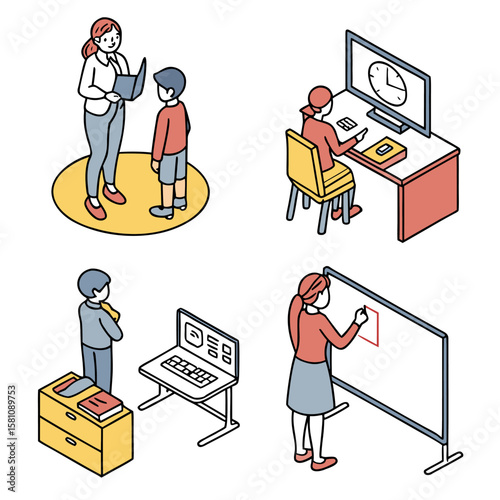 Isometric view of teacher instructing student, student working on computer, and drawing on whiteboard scene
