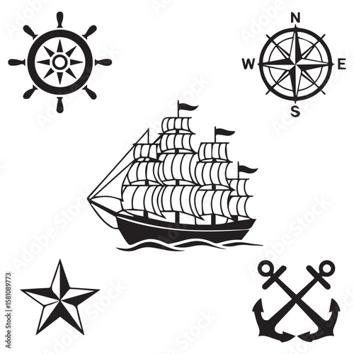 Collection of nautical symbols including a sailing ship compass rose ship s wheel anchor and star on a white background